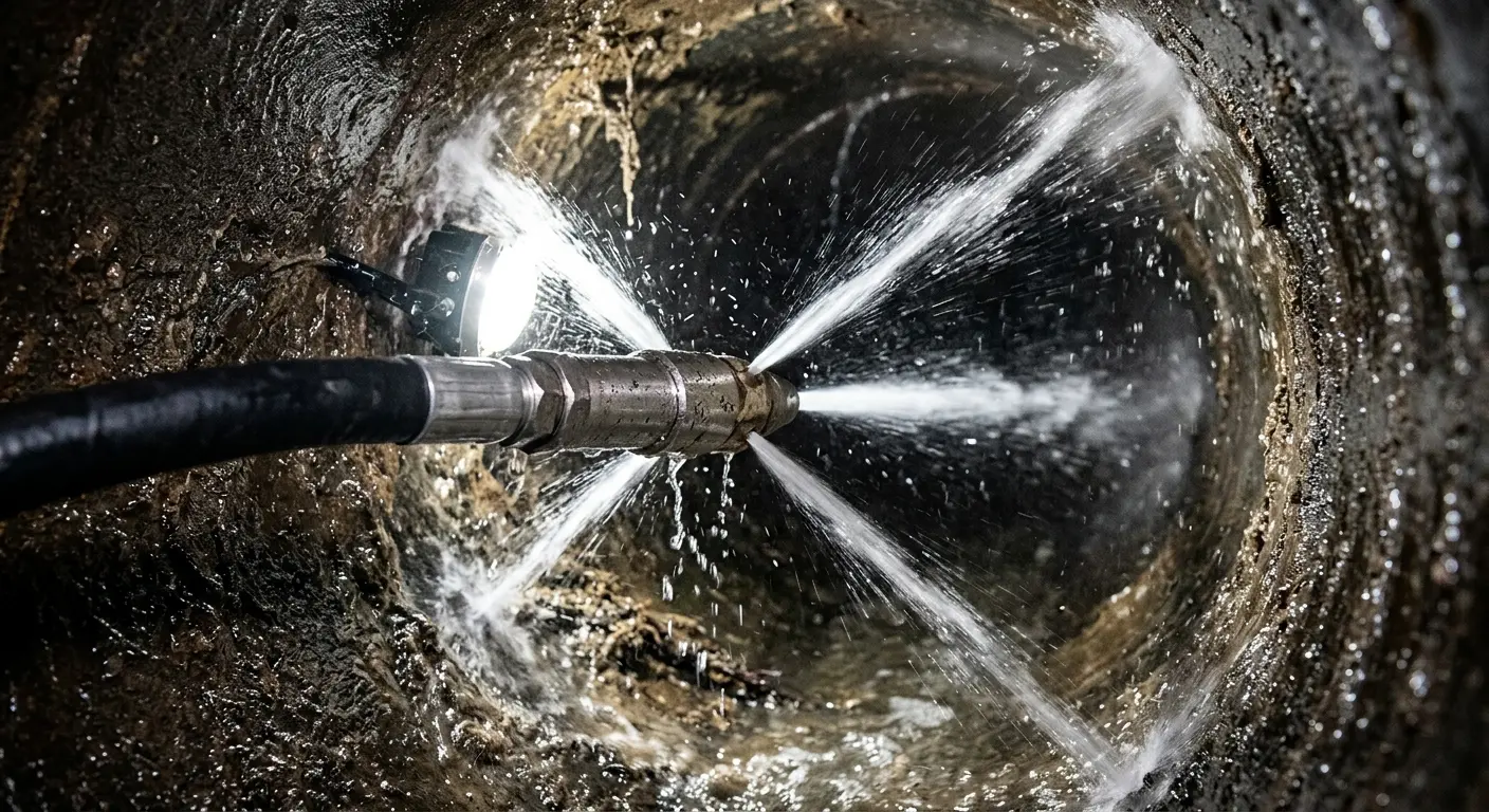 High-pressure hydro jetting nozzle cleaning sewer pipe for Trenchless Sewer Repair in Carrollton
